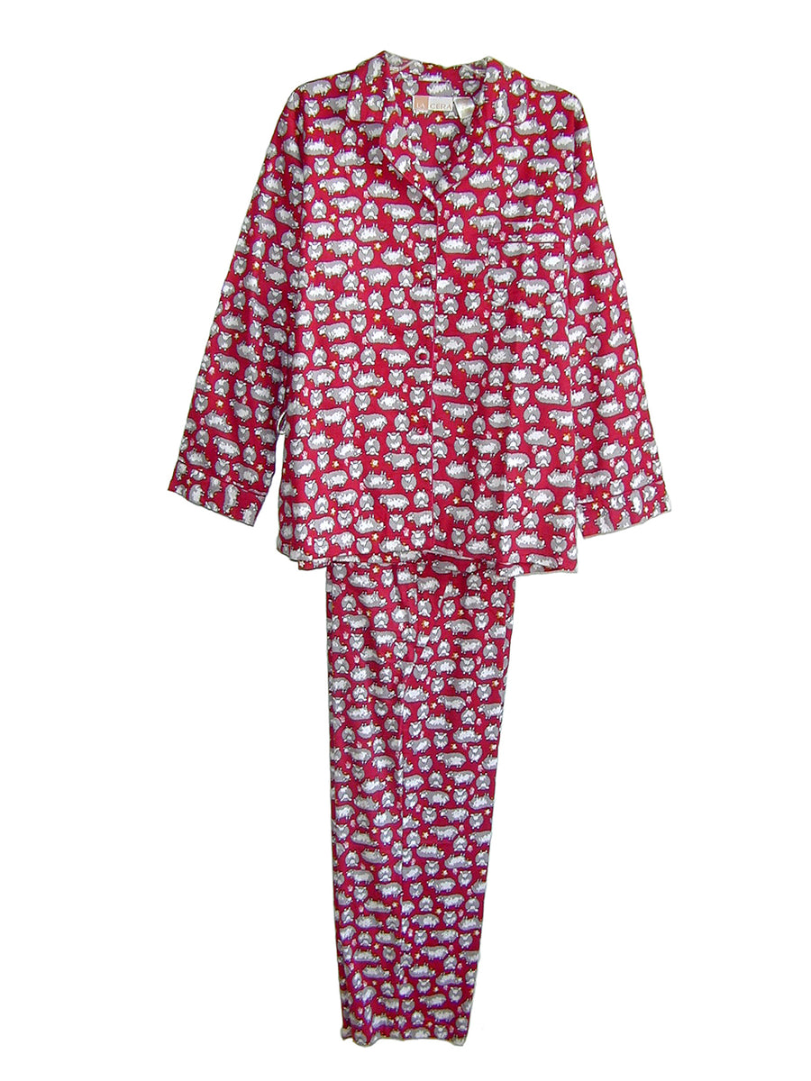 La Cera Plus Size Cat Print Flannel Pajama Set