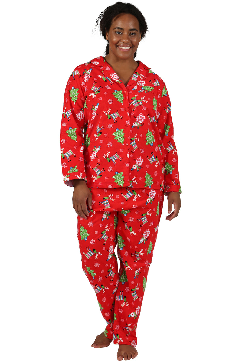 La Cera Plus Size Cat Print Flannel Pajama Set