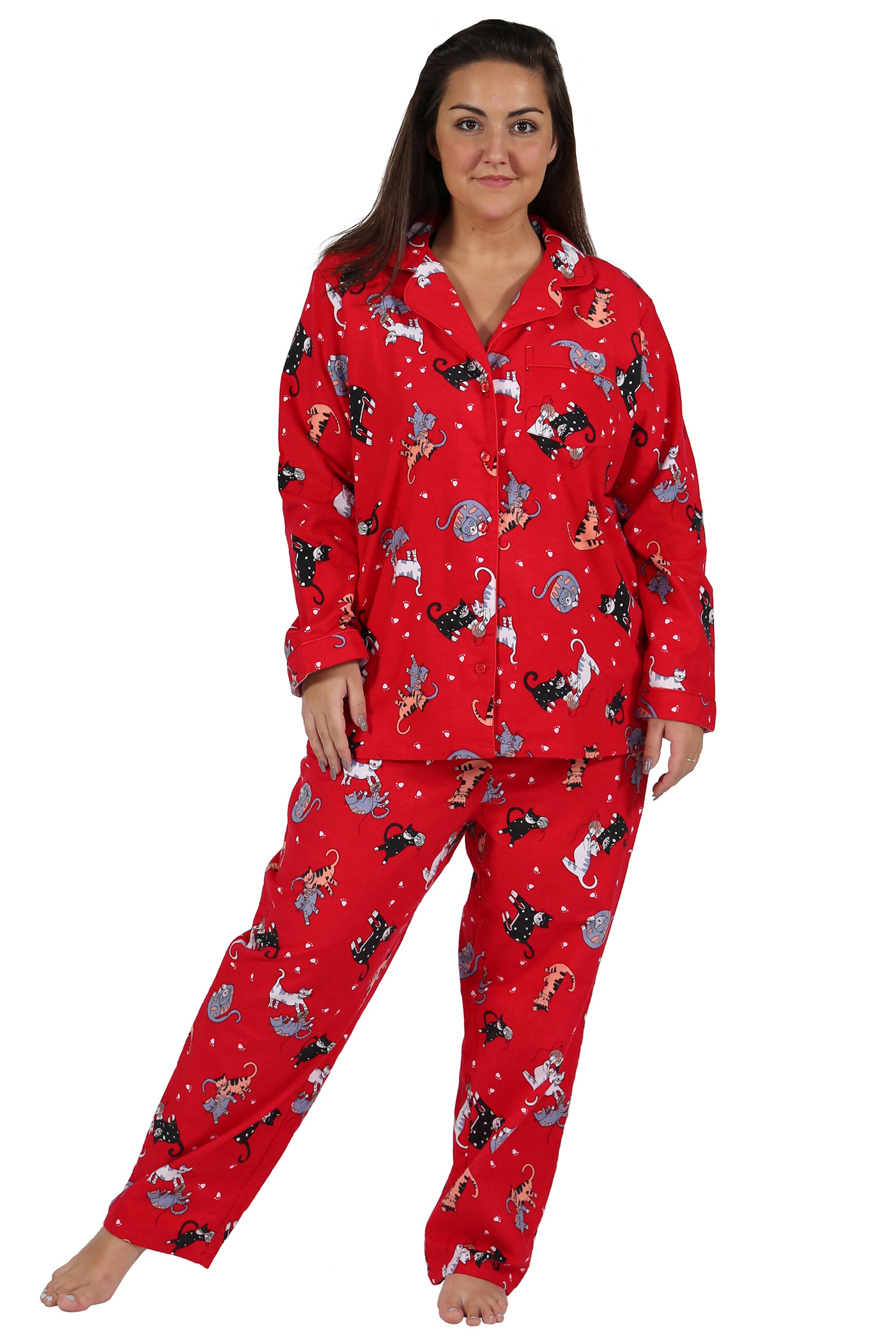 La Cera Plus Size Cat Print Flannel Pajama Set