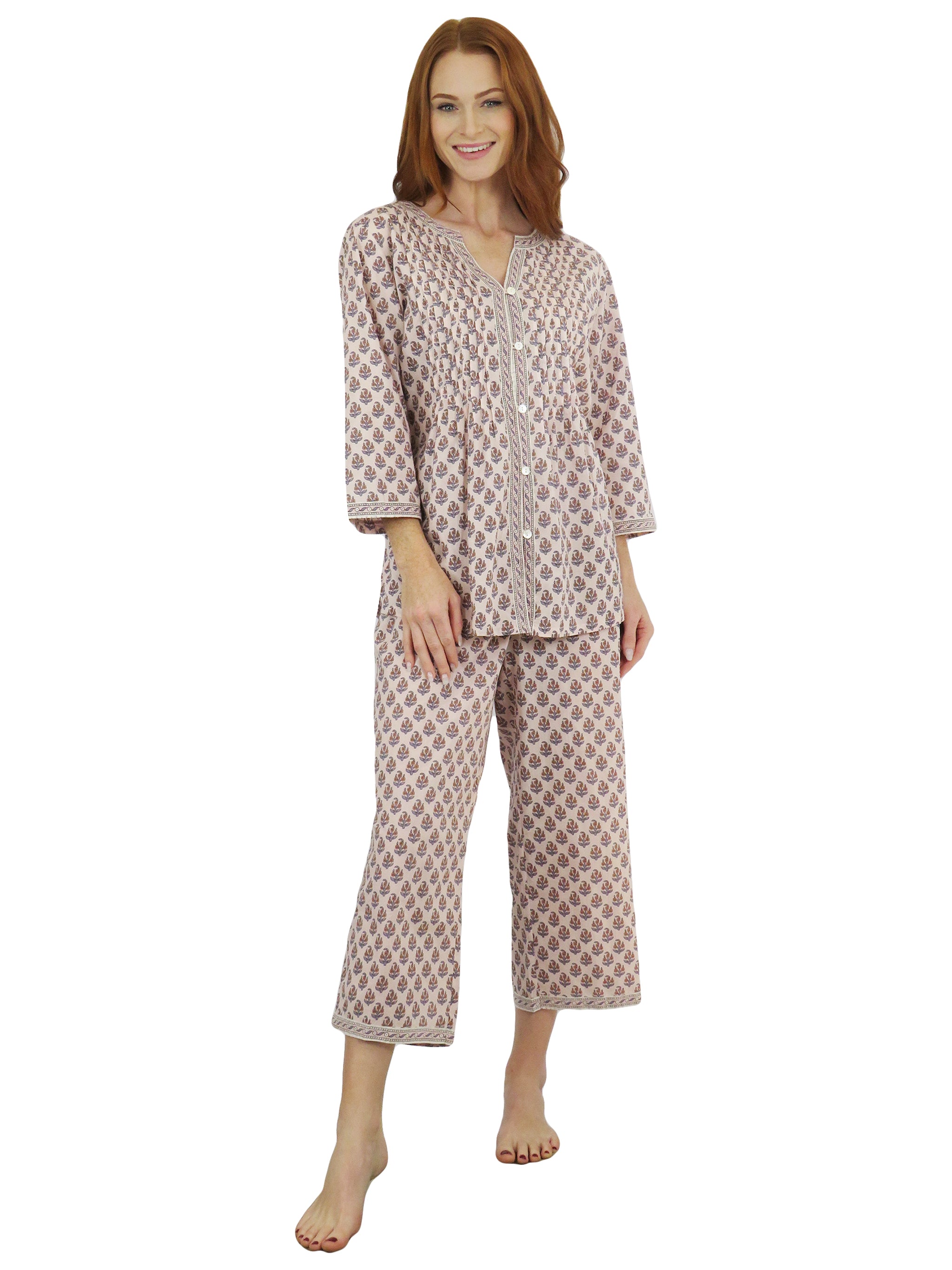 La Cera Floral 3/4 Sleeve Pleat Front Capri Pajama Set – La Cera™