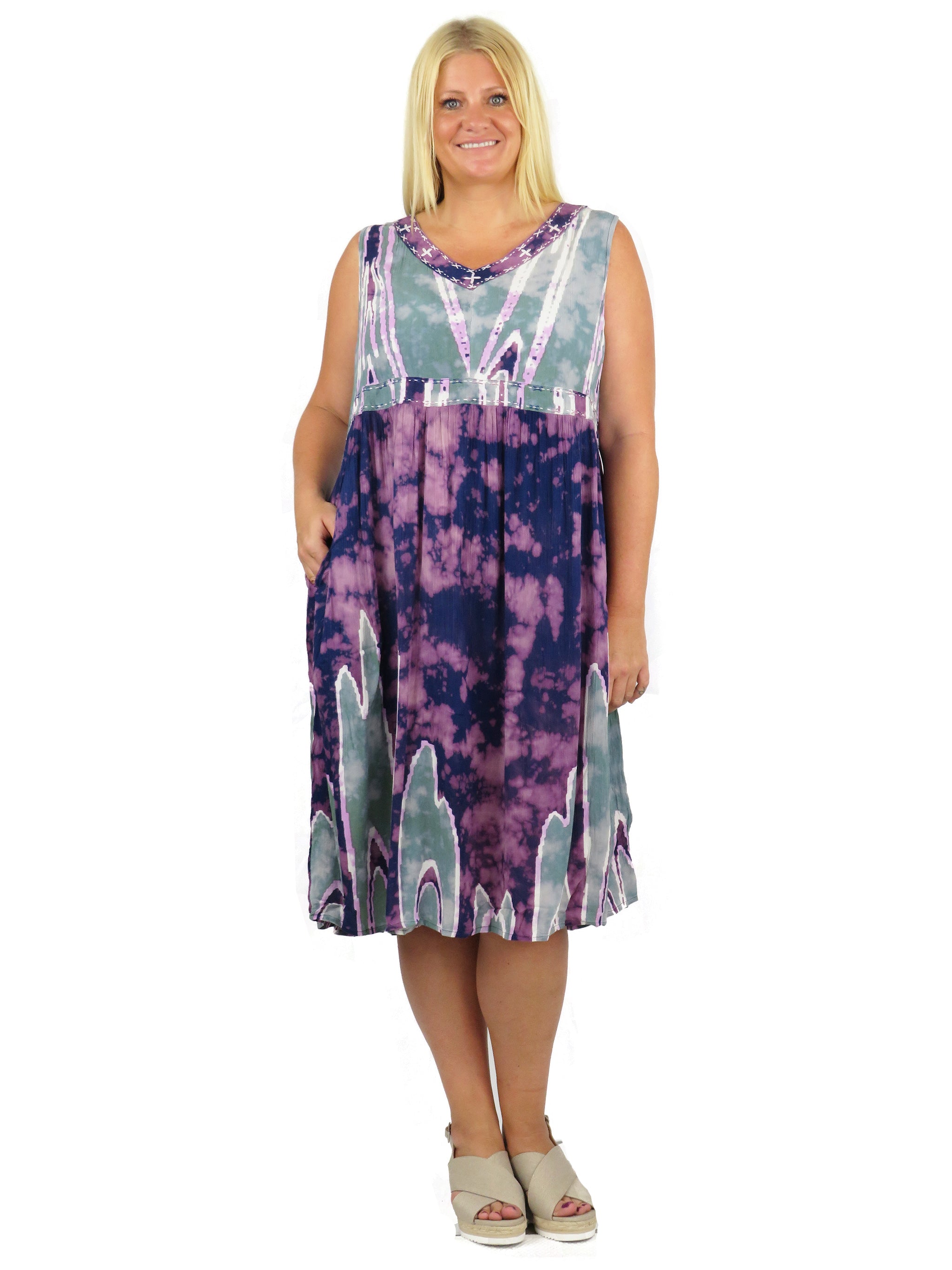 Plus Size Purple Celadon Abstract Print Empire Waist Dress – La Cera™